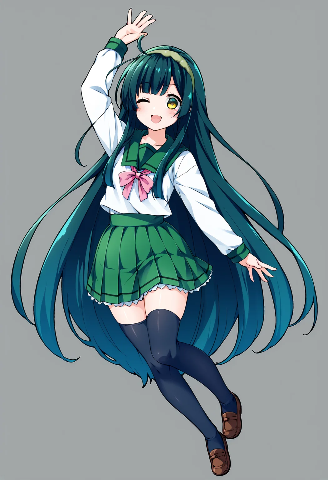 score_9, score_8_up, score_7_up, source_anime, <lora:lowres_concept_ponyXL_v1:-0.3> 1girl, solo, looking at viewer,
BREAK,
<lora:touhoku_zunko_PonyXL_v1:1> touhoku zunko, very long hair, green hair, yellow eyes, green hairband,
blush, smile, open mouth, bangs, skirt, simple background, shirt, thighhighs, long sleeves, white background, ribbon, school uniform, standing, full body, white shirt, ahoge, pleated skirt, hairband, one eye closed, shoes, serafuku, black thighhighs, sailor collar, arm up, neck ribbon, brown footwear, standing on one leg, ;d, green skirt, loafers, pink ribbon, green sailor collar,