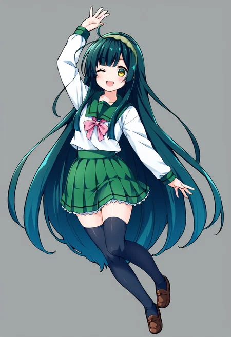 score_9, score_8_up, score_7_up, source_anime, <lora:lowres_concept_ponyXL_v1:-0.3> 1girl, solo, looking at viewer,
BREAK,
<lora:touhoku_zunko_PonyXL_v1:1> touhoku zunko, very long hair, green hair, yellow eyes, green hairband,
blush, smile, open mouth, bangs, skirt, simple background, shirt, thighhighs, long sleeves, white background, ribbon, school uniform, standing, full body, white shirt, ahoge, pleated skirt, hairband, one eye closed, shoes, serafuku, black thighhighs, sailor collar, arm up, neck ribbon, brown footwear, standing on one leg, ;d, green skirt, loafers, pink ribbon, green sailor collar,