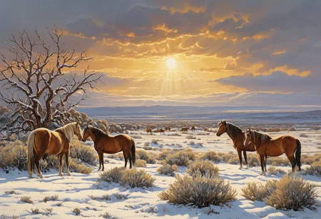 Wild horses, mesa, snow, landscape, no humans, scenery, cloudy sky, sun ray through the clouds, shrubbery, grass, masterpiece, a beautiful landscape painting of a wintry scene with wild horses, pristine, ornate border,