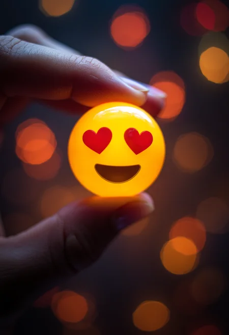 An extreme closeup of an emoji held between two fingers, black emoji bokeh background, vibrant glow,
