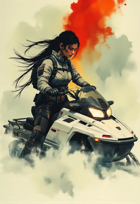 nistyle, mwv7_alpha_v01, ArsMJStyle, Expressive Watercolor Ink Wash, Inkplash art on rice paper, sepia, henna , Silhouette Art, magnificent, stunning japanese woman, long flowing hair, sidelocks, dark eyeshadow, white and grey camouflage armour, riding snowmobile