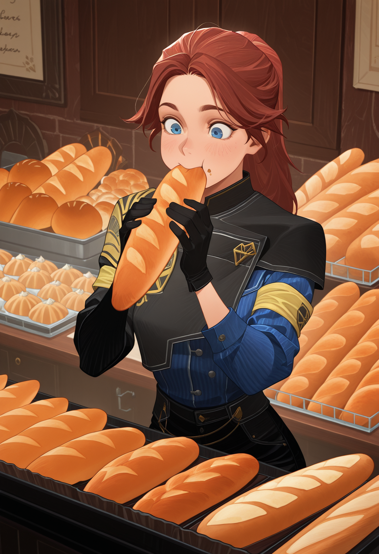 masterpiece, best quality, amazing quality, 1girl, <lora:maelle_illustrious:1>, ma3ll3,
asymmetrical shirt, gloves, black pants, armband, bakery, eating, baguette,  <lora:afkArenaIllustrious:1> afkArenaStyle