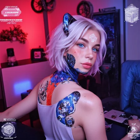 neon glowing, Perfect hand, psxmag, portrait of seductive woman in a luxury cyber-lounge, adorned in neon-laced lingerie that illuminates her figure, with delicate cybernetic tattoos that pulse with her heartbeat. Background with reflective surfaces and holographic projections in pinks and magentas. Slutty marie