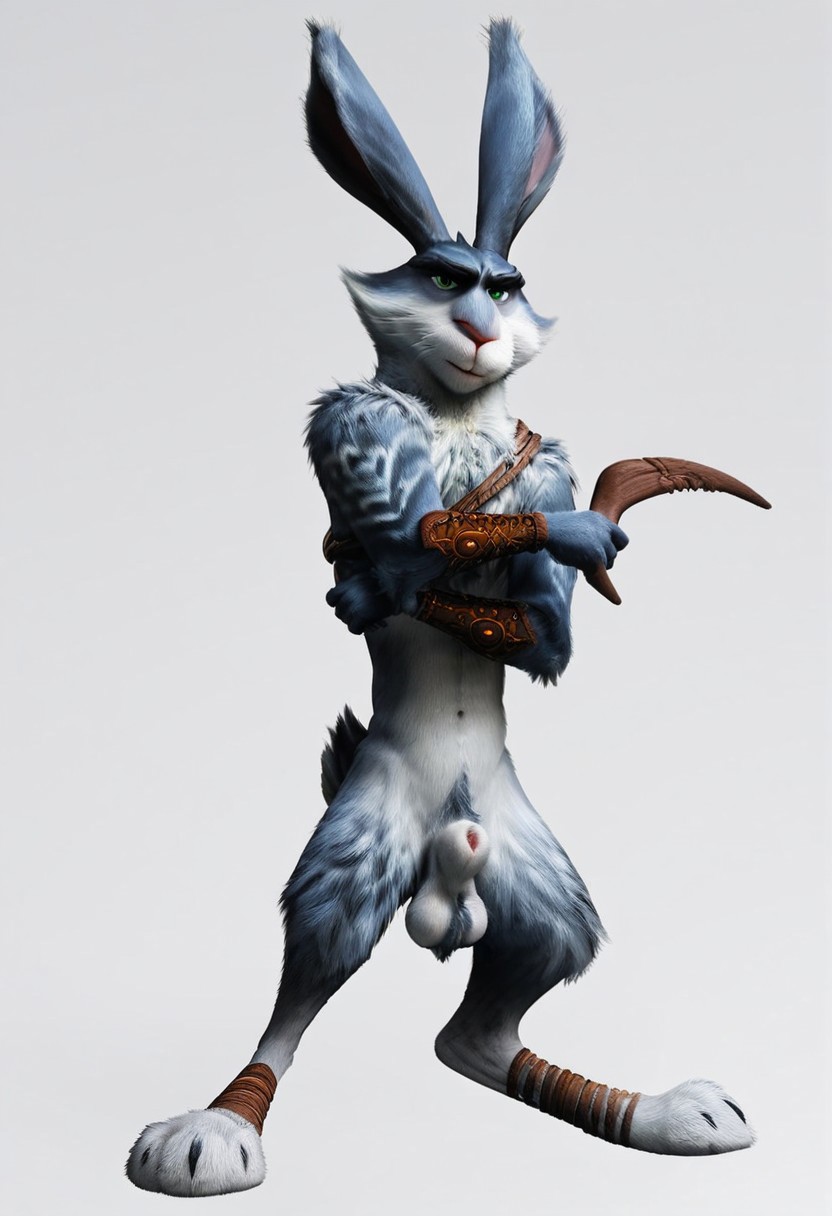 score_7_up, score_8_up, 1boy, solo male, official render, full body view, 
BREAK,
bunnymund, anthro rabbit, fur markings, standing, neutral, green eyes, sheathe on back, chest strap, bracers, arms wraps, penis sheath, balls, ball tuft, looking at viewer, holding object, boomerang, white background,