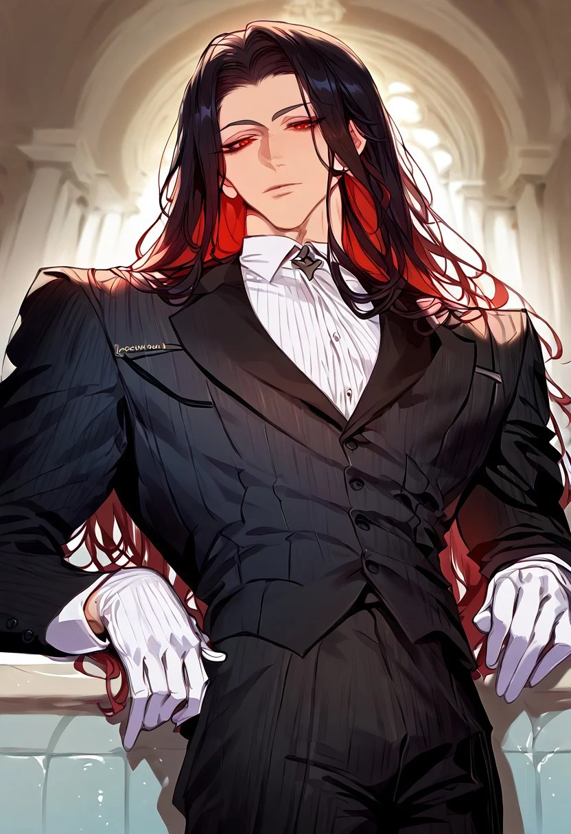 anime artwork, score_9, score_8_up, score_7_up, score_6_up, score_5_up, 1boy, red eyes, garden, fountain, sunny, bliss, black hair, black butler outfit, handsome, white gloves, detailed clothing, masterpiece, straight hair, suit, simple cotton gloves, solo, closer to the face, seductive look,
<lora:Floox_Style:1>, long hair, detailed eyes, close up, detailed hair, crimson eyes, scarlet eyes, camera from below, looking down, Sebastian black butler, black butler sebastian