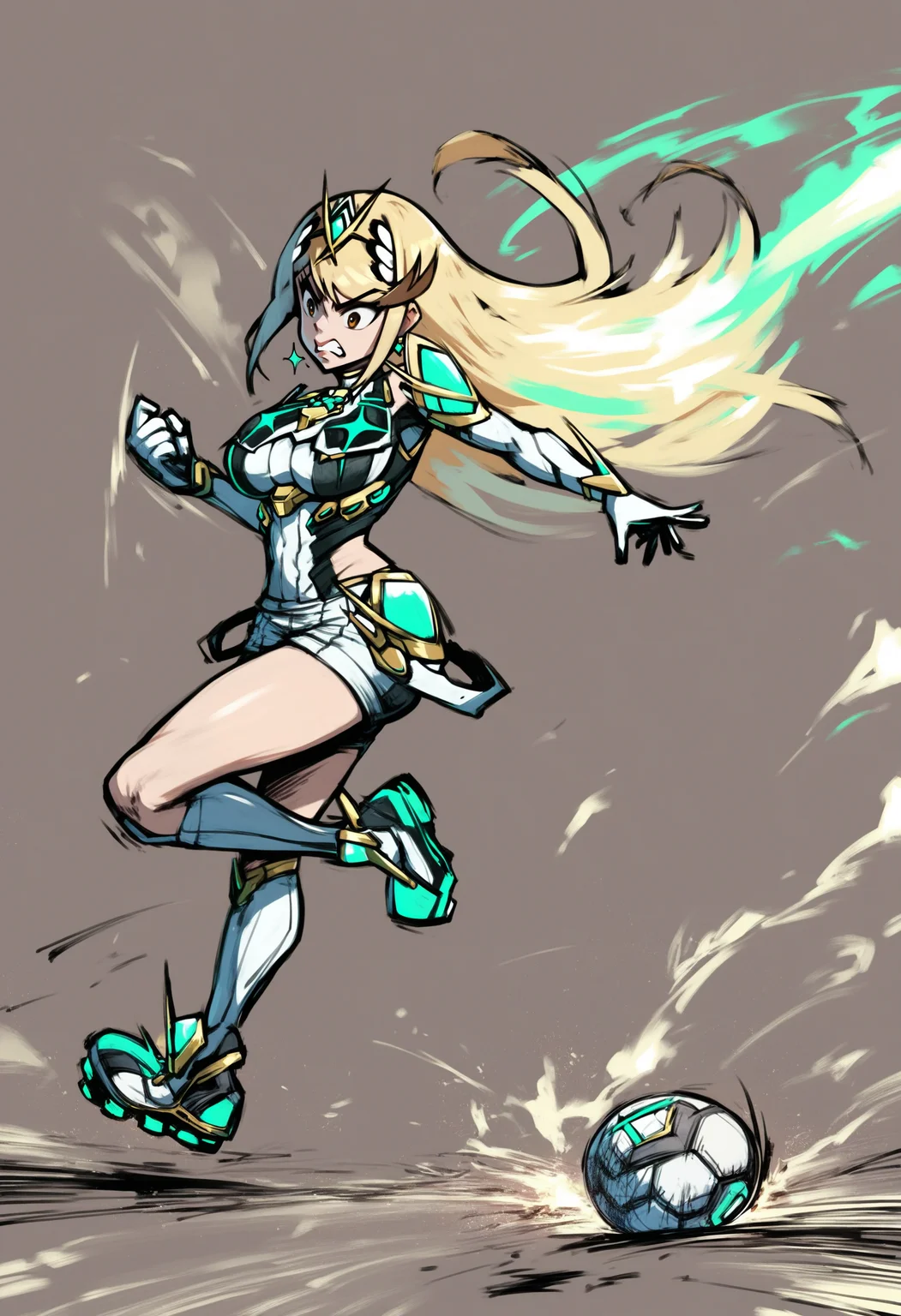 score_9, score_8_up, score_7_up, source_anime, 1girl, soccer ball, sportswear, soccer uniform, full body, angry, <lora:MarioStrikerXL:1>, lineart, aura, mythra \(xenoblade\),