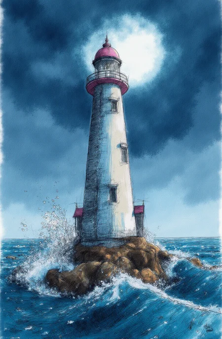 Sharp image of a rough sketch, rendered in vibrant multi colour ballpoint pen, capturing the adorable features of a digital illustration of a lighthouse on a rocky island in the middle of a stormy sea. The lighthouse is tall and has a pointed top with a small window on the right side. The sky is filled with dark clouds and the sun is shining brightly, creating a dramatic and ominous atmosphere. The sea is turbulent with large waves crashing against the rocks and creating a spray of white foam. The overall mood of the image is dramatic and dramatic.  p3nsk, <lora:p3nsk:1>
