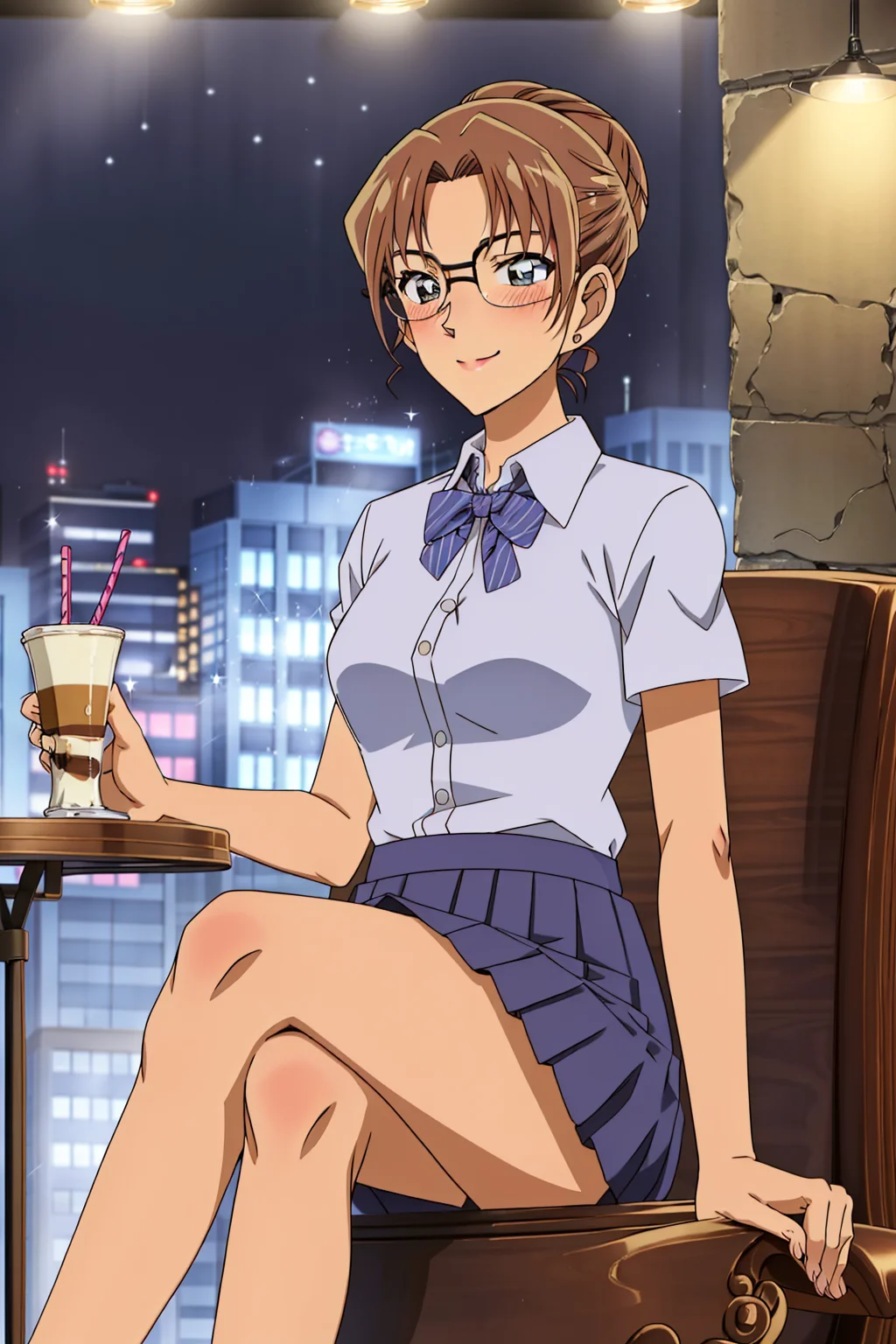 eritv,1girl,short hair,hair bun, glasses,sky,cafe,night,sitting,dating,(nose blush),(smile:1.1),(closed mouth) medium breasts,(collared shirt:1.1), bowtie,pleated skirt,(short hair:1.2),table, crossed legs, cityscape,
<lora:Eritv:0.8>
