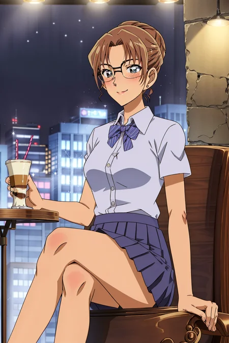 eritv,1girl,short hair,hair bun, glasses,sky,cafe,night,sitting,dating,(nose blush),(smile:1.1),(closed mouth) medium breasts,(collared shirt:1.1), bowtie,pleated skirt,(short hair:1.2),table, crossed legs, cityscape,
<lora:Eritv:0.8>