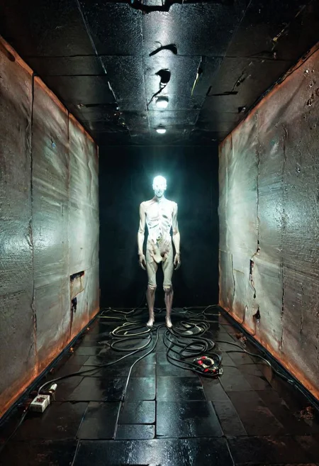 a dystopian matrix abyss by H.P. Lovecraft, a long floor into eternity, black reflecting tiles, dimmed lightning, vintage sci-fi led panels, electrical panels, rear view neo pale man in the end of the floor, emerging into wall, looking to viewer, tool band art