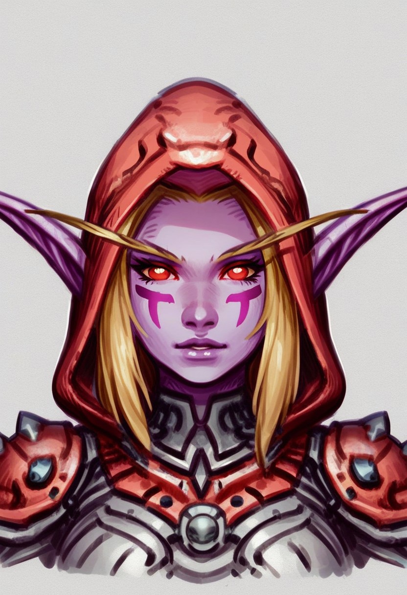 AndroidArtsStyle,
1girl, solo, breasts, pauldrons, armor, blonde hair, colored skin, elf, hood, hood up, looking at viewer, night elf \(warcraft\), pointy ears, purple skin, red eyes, red hood, shoulder armor, upper body