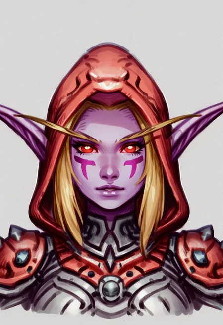 AndroidArtsStyle,
1girl, solo, breasts, pauldrons, armor, blonde hair, colored skin, elf, hood, hood up, looking at viewer, night elf \(warcraft\), pointy ears, purple skin, red eyes, red hood, shoulder armor, upper body