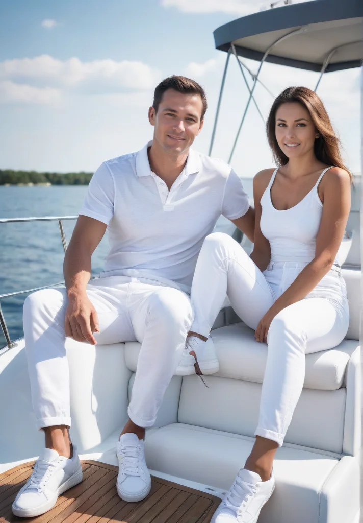 man 35 years old and young woman, sitting on the yacht, see at camera, white pants, white sneakers <lora:Couple on yacht v.5:0.8>, <lora:Perfect Hands:1>