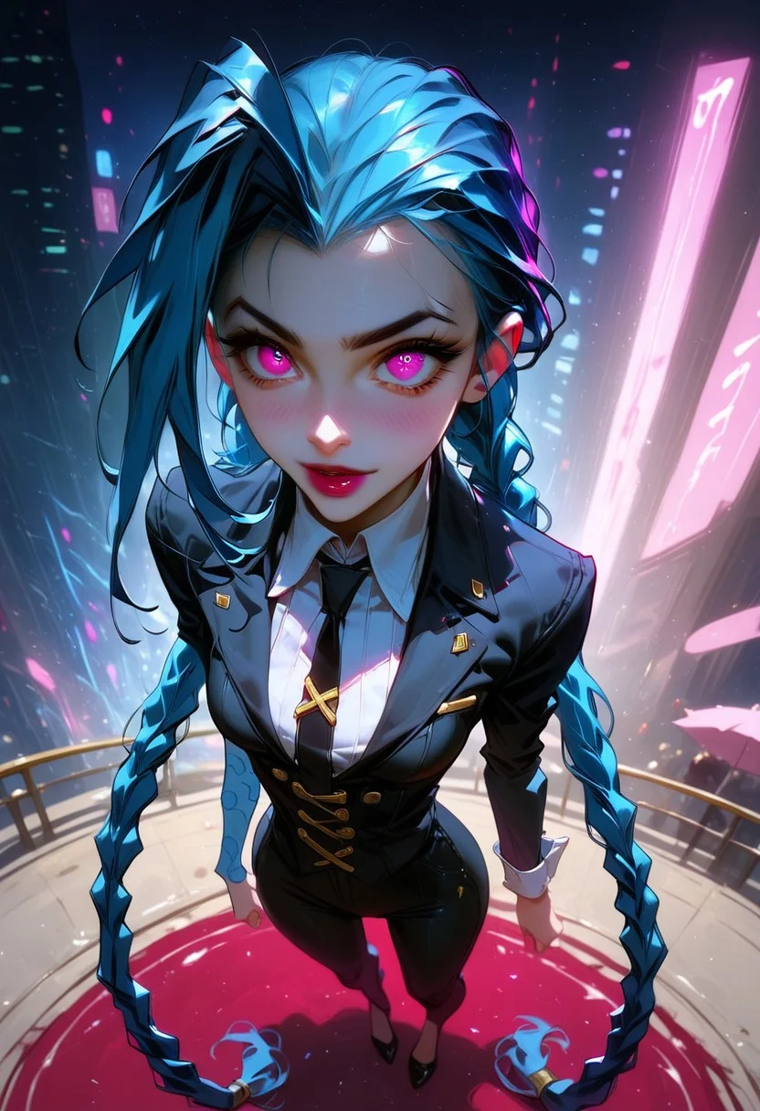 zPDXL3, ((masterpiece)), ((best quality)), 8k, high detailed, ultra-detailed, highres, intricate details, depth of field, bokeh, LP_jinx, blue hair, twin braids, pink eyes, 20 years old, detailed, perfecteyes, fit, small breasts, g0thicPXL, glowing, neon, Expressiveh, ArawAraw, 1girl, black suit, white collar shirt, black pants, heels, standing, full body, from above, nighttime, street, city skyline background, blurred neons, high-resolution, detailed texture, cinematic lighting,