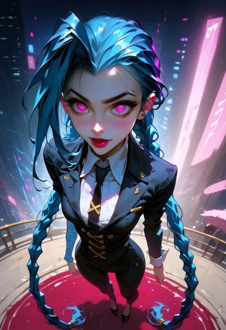 zPDXL3, ((masterpiece)), ((best quality)), 8k, high detailed, ultra-detailed, highres, intricate details, depth of field, bokeh, LP_jinx, blue hair, twin braids, pink eyes, 20 years old, detailed, perfecteyes, fit, small breasts, g0thicPXL, glowing, neon, Expressiveh, ArawAraw, 1girl, black suit, white collar shirt, black pants, heels, standing, full body, from above, nighttime, street, city skyline background, blurred neons, high-resolution, detailed texture, cinematic lighting,