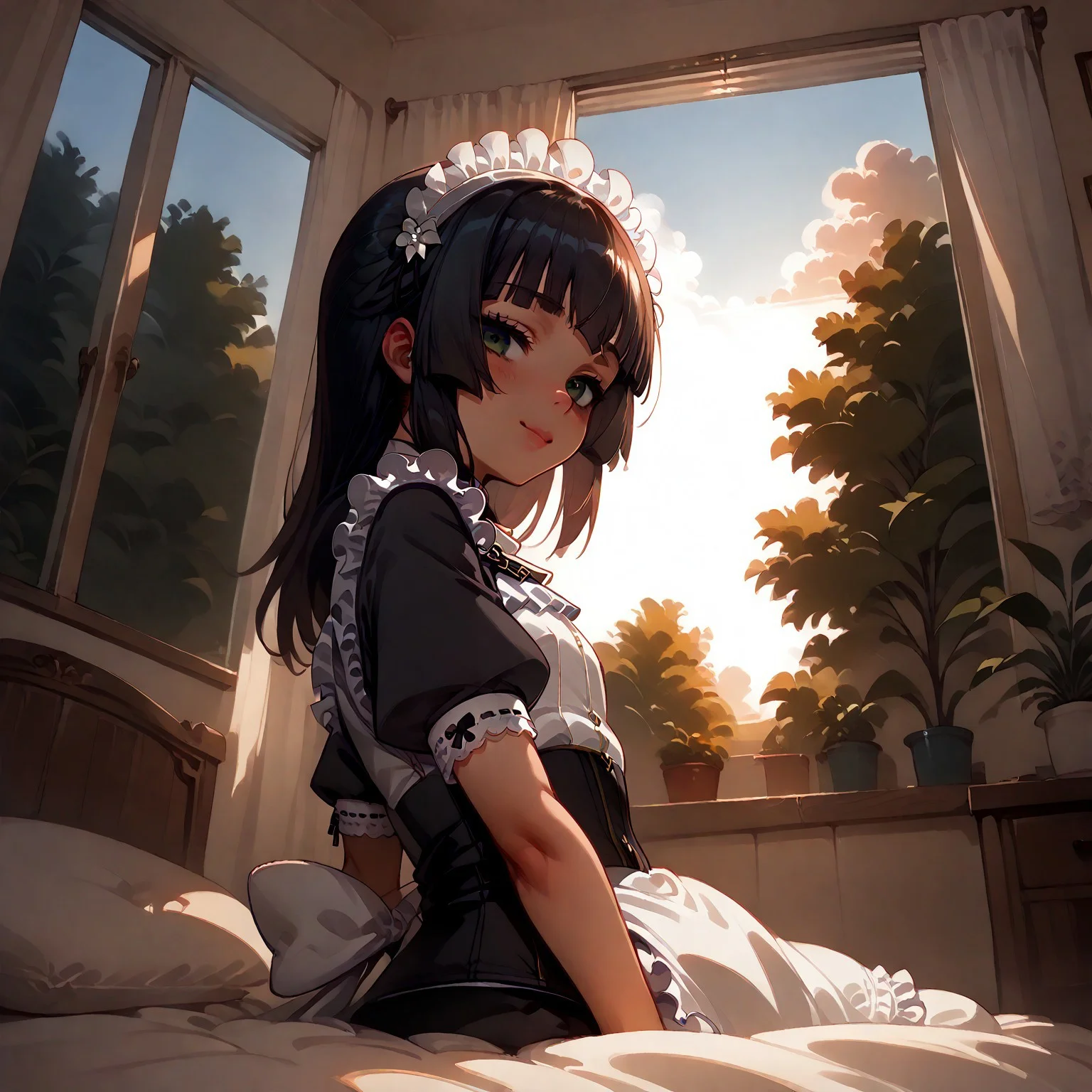 score_9, score_8_up, score_7_up, score_6_up, source_anime. zPDXL3, 1girl, solo, Mafuyu, Sofia maid outfit, Sofia maid headdress, Sofia maid gloves, looking at viewer, smile, sitting, upper body, bedsheets, indoors, white wall, window, flowing curtain, tree, morning, sunlight, sunny, sky, cloud, pov, from below, from side, dutch angle