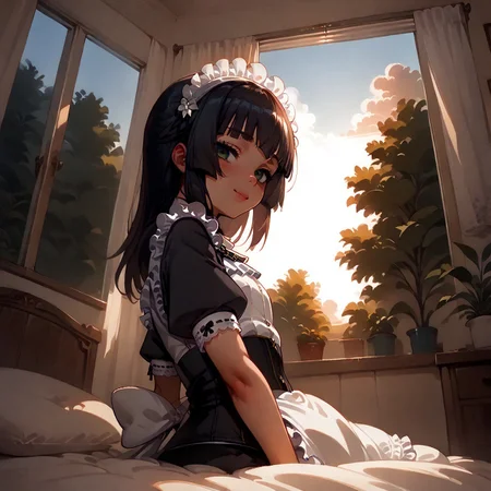 score_9, score_8_up, score_7_up, score_6_up, source_anime. zPDXL3, 1girl, solo, Mafuyu, Sofia maid outfit, Sofia maid headdress, Sofia maid gloves, looking at viewer, smile, sitting, upper body, bedsheets, indoors, white wall, window, flowing curtain, tree, morning, sunlight, sunny, sky, cloud, pov, from below, from side, dutch angle