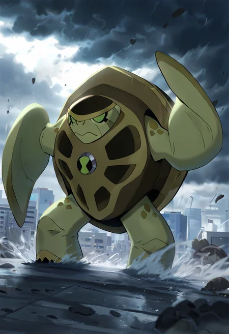 masterpiece, best quality, amazing quality, very aesthetic, absurdres, newest,, detailed background, 
terraspin, pokemon (creature), solo, no humans, closed mouth, green eyes, green skin, shell, turtle, 
, airbending, air powers, wind powers, strong winds, , blowing strong winds, small head, smoke, city, storm