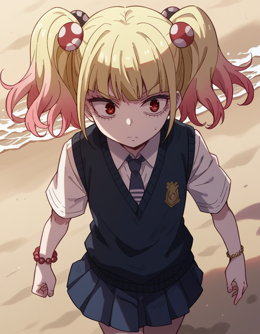 score_9, score_8_up, score_7_up, source_anime, <lora:yuria-niguredou-s1-ponyxl-lora-nochekaiser_r1:1>, yuria niguredou, bangs, blonde hair, hair ornament, red eyes, twintails, pink hair, multicolored hair, gradient hair,, skirt, shirt, jewelry, school uniform, pleated skirt, necktie, bracelet, sweater vest, beads,, beach, sunset, walking along shore, footprints in sand, waves, peaceful, , , from above,, solo,, dutch angle, cowboy shot