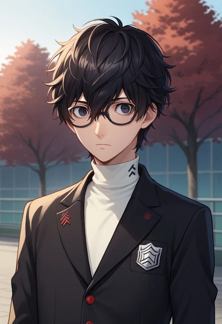 score_9, score_7_up, source_anime
renpers, 1boy, male focus, solo, black eyes, glasses, black-framed eyewear, black hair, hair between eyes, short hair, school uniform, shuujin academy school uniform, shirt, white shirt, turtleneck, jacket, black jacket,
outdoor,