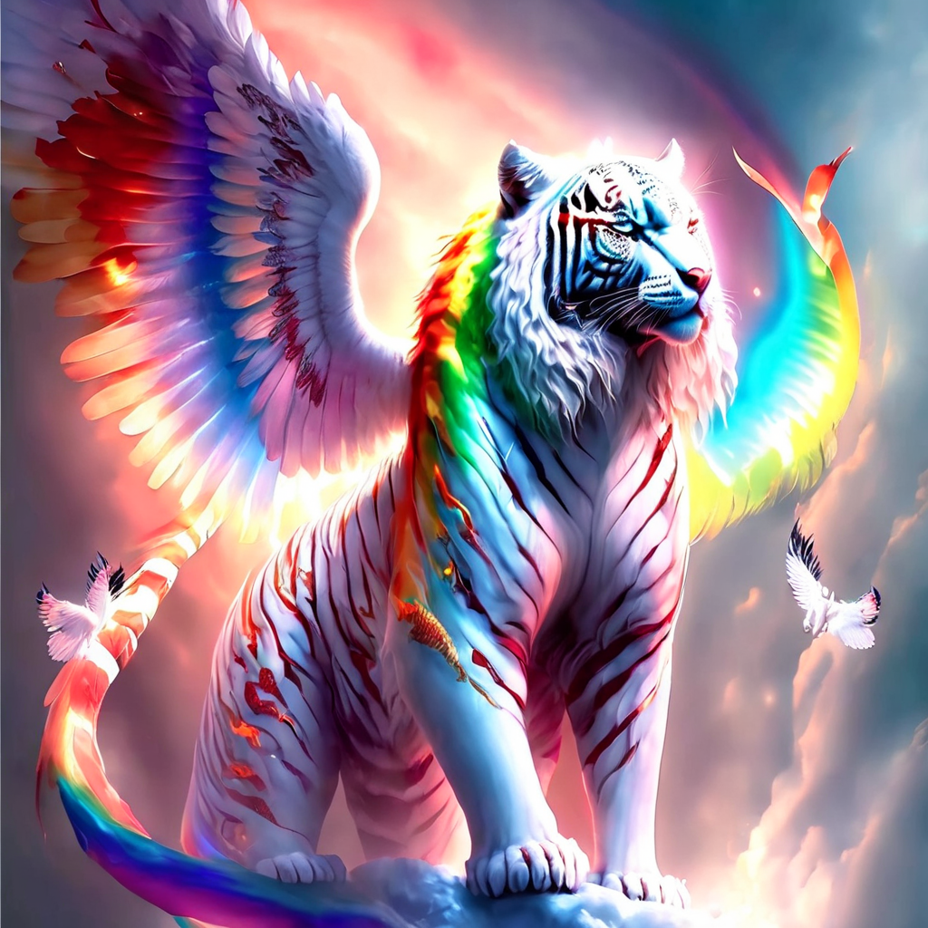 a white tiger with wings and a rainbow light , fantasy animal, fantasy animal, fire wings  <lora:last:1>