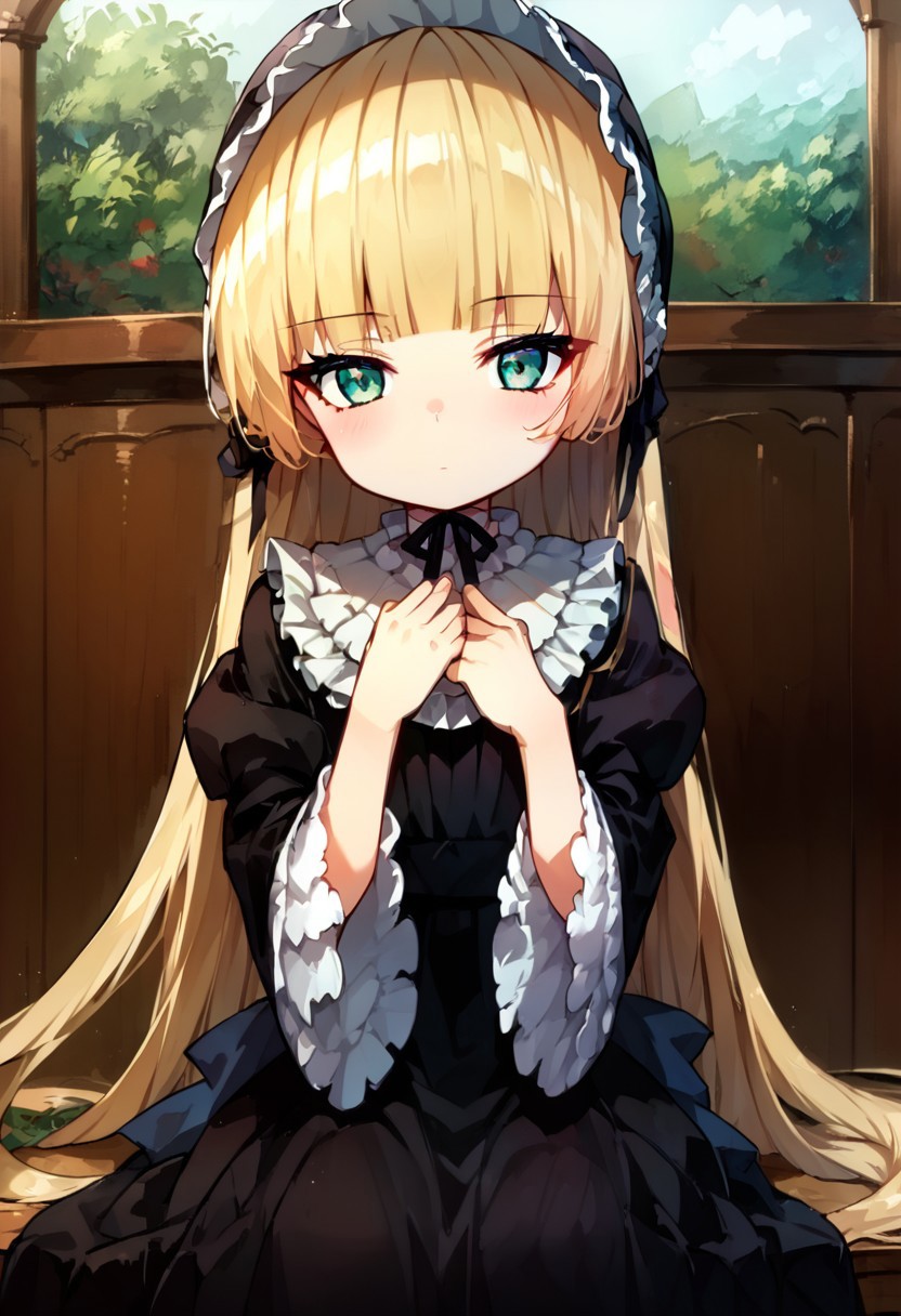 score_9, score_8_up, score_7_up, source_anime, 1girl, solo, flat chest, blush, victorique de blois, blonde hair,long hair,blunt bangs,green eyes,black bonnet, hairband,chin strap, gothic, black dress, long dress, ribbon, frills,pantyhose,black shoes, indoors, expressionless, looking at viewer, solo, sitting, head rest, table, cowboy shot, dutch angle,