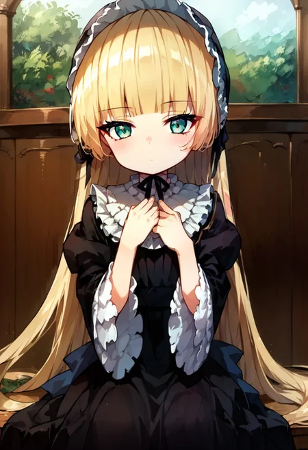 score_9, score_8_up, score_7_up, source_anime, 1girl, solo, flat chest, blush, victorique de blois, blonde hair,long hair,blunt bangs,green eyes,black bonnet, hairband,chin strap, gothic, black dress, long dress, ribbon, frills,pantyhose,black shoes, indoors, expressionless, looking at viewer, solo, sitting, head rest, table, cowboy shot, dutch angle,