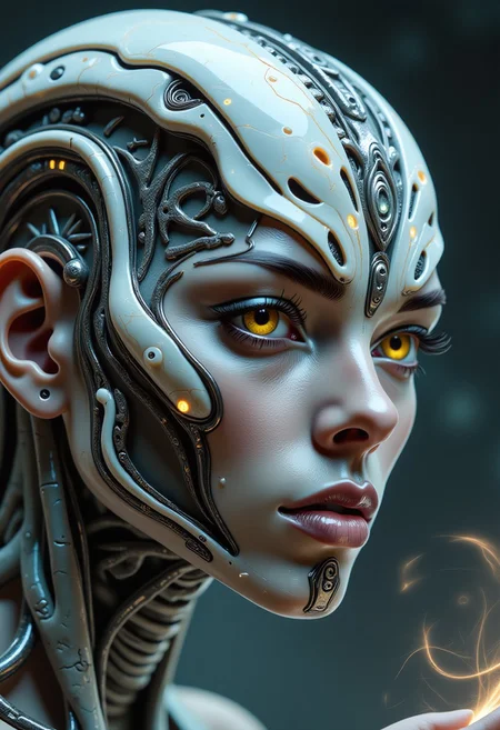 imagine extreme close-up, cybernetic mythpunk woman, with liquid marble white skin with gray veins, detailed yellowish-orange mechanical eyes, subtle neon implants. Partially concealed expression, hinting at ancient secrets. Single abstract light source, rim lighting through mist, soft ethereal glow. Wearing a carbon fiber mechanical exosuit with intricate glowing runes. Casting a spell, opening a portal within an alien cave – a futuristic mad scientist's lab. Profound mystery, quiet intensity.