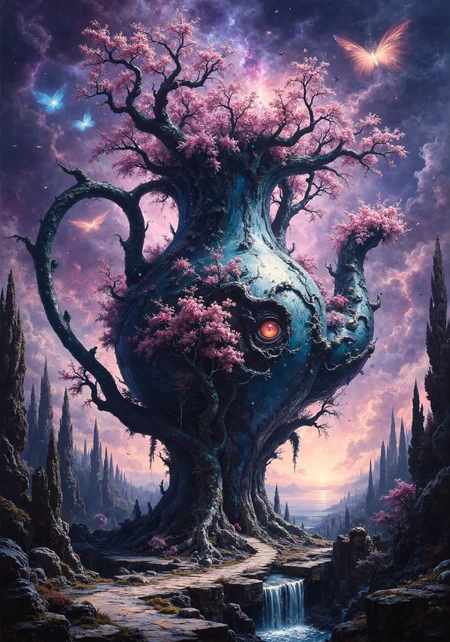 A colossal porcelain teapot with cosmic eyes hovers atop a swirling urban labyrinth of chess boards. In the infinite, purpling skies, luminous fish with kaleidoscopic tails glide along vibrant nebula trails, leaving surreal imprints on a dreamlike horizon. Gigantic sapphire butterfly books float mid-air, their pages inscribed with electrum riddles, while a clock-eating, metallic tree blooms obsidian blossoms amidst melting prisms of neon roses and cascading digital waterfalls. 8k hyperrealistic quality, intricate detail, ethereal ambienceâa vivid fusion of absurdity and cosmic metamorphosis. <lora:flux_floralizer:0.4> <lora:Fluxartis 28.11A:0.1> <lora:Anime v1.3:0.2> <lora:VividMidjourneymimic-Flux_v1.0:0.5> <lora:Mezzotint_Artstyle_for_Flux_-_by_Ethanar:0.5> <lora:flux_dev:1>
