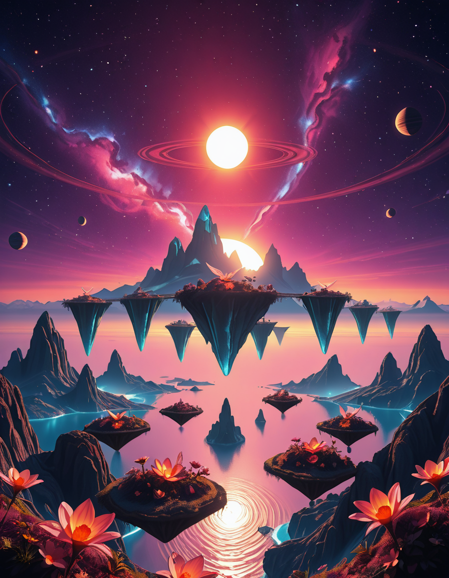 A breathtaking, high-resolution photograph of a celestial paradiseâa stunning, habitable planet floating in the vastness of space. The sky is a mesmerizing blend of deep purples, blues, and pinks, illuminated by twin suns casting golden light over the landscape. Towering crystal mountains shimmer in the distance, reflecting the vibrant hues of the nebula-filled sky. A vast, glowing ocean stretches across the horizon, its surface gently rippling with bioluminescent waves. Floating islands covered in lush, alien vegetation hover above the water, connected by natural bridges of luminescent vines. Exotic, radiant flowers bloom in every color imaginable, while gentle, ethereal creatures with translucent wings glide through the air. In the sky, a massive ringed gas giant looms majestically, its swirling clouds casting soft shadows over the dreamlike terrain. The air shimmers with floating particles of light, creating a surreal, otherworldly ambiance. The entire scene feels like a cosmic utopiaâtranquil, awe-inspiring, and untouched by time.
<lora:SDXLFaeTastic2400:0.4> <lora:extremely_detailed:0.4> extremely detailed,Celestial p4r4d1s3, <lora:Celestial_p4r4d1s3-i:1>, Masterpiece,best quality,hi res,8k,hi res,8k,award winning,(sharp focus, intricate, highly detailed),