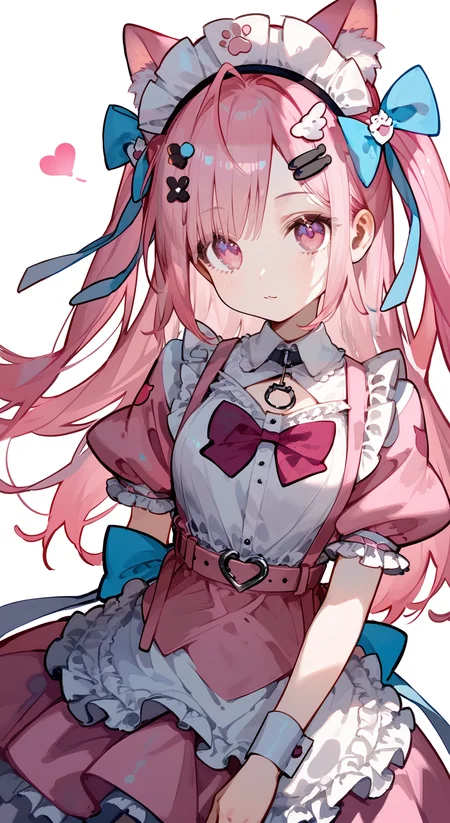 score_9, score_8_up, score_7_up, 1girl, solo, looking at viewer, <lora:yuuki_sakuna_pony:0.92>, yuuki sakuna, animal ears, pink hair, cat ears, maid headdress, long hair, hair ornament, bow, animal ear fluff, ahoge, bangs, two side up, cat hair ornament, hair bow, hairclip, blue bow, pink eyes, apron, short sleeves, dress, puffy short sleeves, frills, heart, puffy sleeves, white apron, maid, pink dress, wrist cuffs, profile,