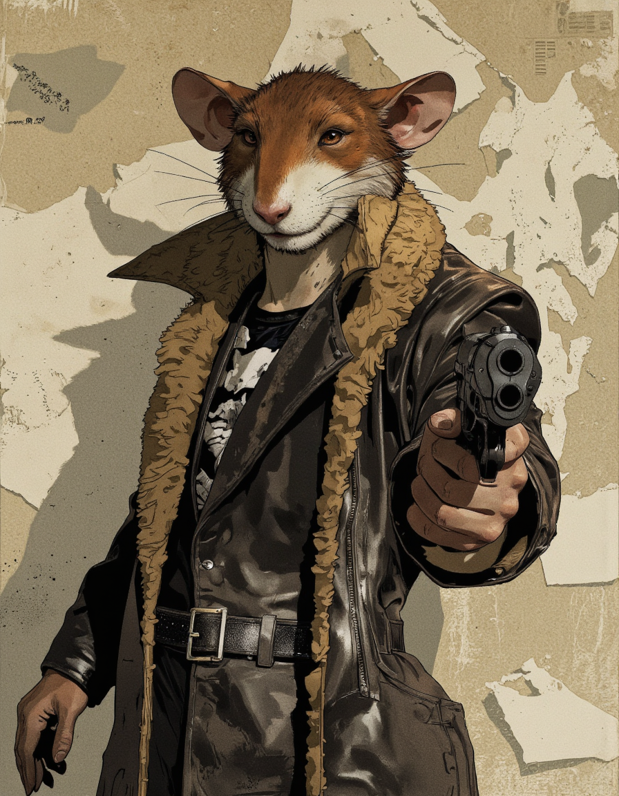 ZooPolis art. A digital illustration shoot from a frontal camera angle about a cartoonish depiction of a mouse character holding a gun, wearing a brown jacket and standing confidently in the middle of the image. the mouse character, positioned in the center of the frame, is facing the viewer and looking directly at them with a serious expression. he has a furry, brown fur coat, a black leather jacket, and a black belt with a silver buckle. the background is a beige, textured surface with scattered pieces of paper, giving the impression of a post-apocalyptic setting. the character is wearing a black t-shirt underneath the brown jacket, adding to the overall sense of mystery and action. the image also shows a gun in the mouse's right hand, which is pointing towards the viewer, as if ready to shoot. the overall style is reminiscent of comic book art, with bold lines and exaggerated proportions, making it a highly detailed and realistic illustration.