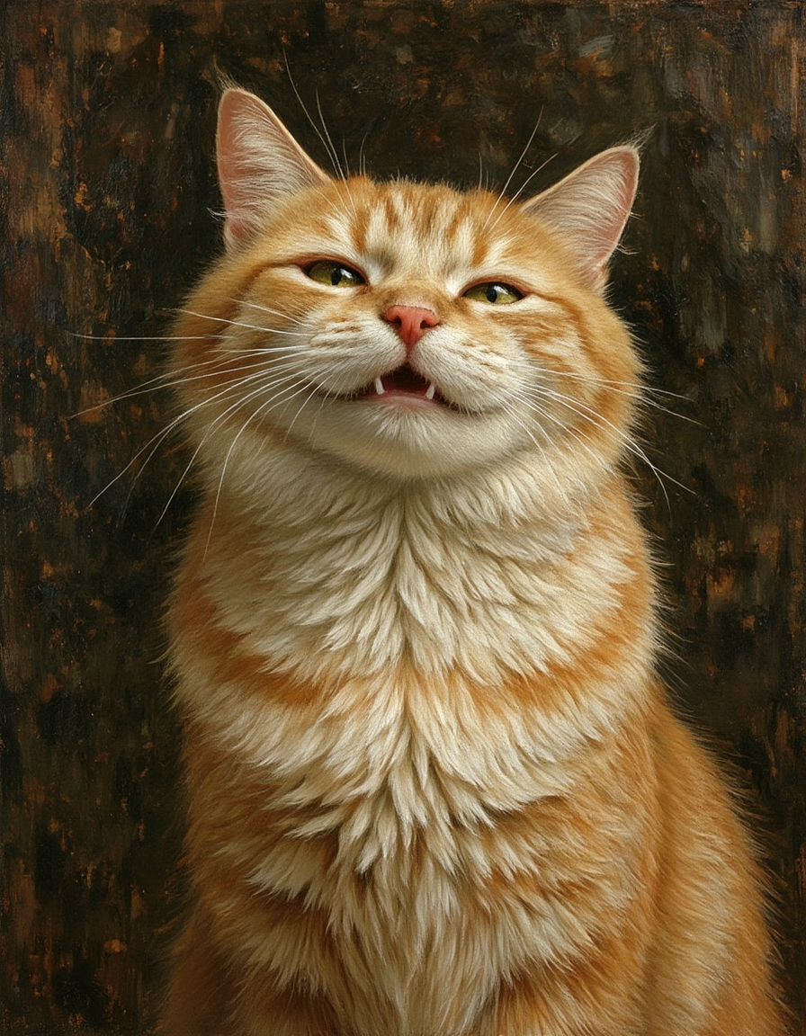 of a smiling cat, oil painting art style from Renaissance period, masterful composition, Renaissance mood, renaissance oil painting, brush strokes, Fantasy illustration style, transports viewers to imaginative worlds, epic landscape, and heroic adventures, sparks wonder and inspiration