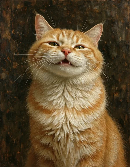 of a smiling cat, oil painting art style from Renaissance period, masterful composition, Renaissance mood, renaissance oil painting, brush strokes, Fantasy illustration style, transports viewers to imaginative worlds, epic landscape, and heroic adventures, sparks wonder and inspiration