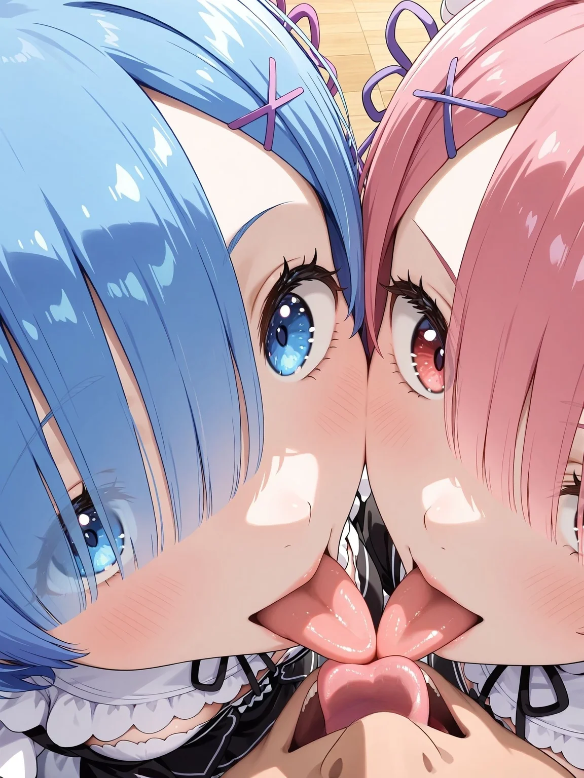 masterpiece,best quality,amazing quality,very aesthetic,absurdres,newest, huge filesize,
<lora:spo_sdxl_10ep_4k-data_lora_webui:0.5>,
<lora:add-detail-xl:1>anime screenshot, 2d,anime coloring, flat color,
<lora:group_kiss:0.5>3pffmkiss , pov,
3rd_kiss,group kiss, third-person perspective, close-up shot,
2 girls, 1 boy,hetero, open mouth, from above ,
tongue out,
BREAK
ram \(re:zero\), pink hair,
BREAK
rem \(re:zero\), blue hair,