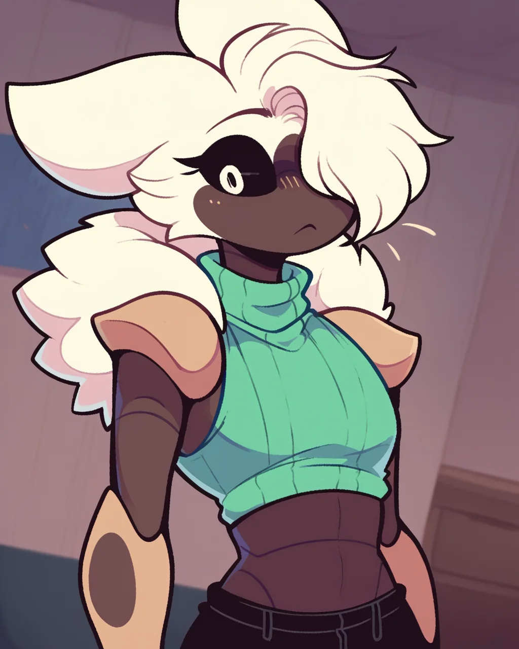 score_9, score_8_up, 1boy, solo, Taro, white hair, black sclera, white eyes, dark skin, anthro, arthropod boy, turtleneck, sleeveless, midriff, hair over one eye, cute, dynamic angle, detailed background, indoors, <lora:Taro_PDXL:1>