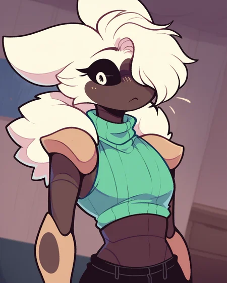 score_9, score_8_up, 1boy, solo, Taro, white hair, black sclera, white eyes, dark skin, anthro, arthropod boy, turtleneck, sleeveless, midriff, hair over one eye, cute, dynamic angle, detailed background, indoors, <lora:Taro_PDXL:1>
