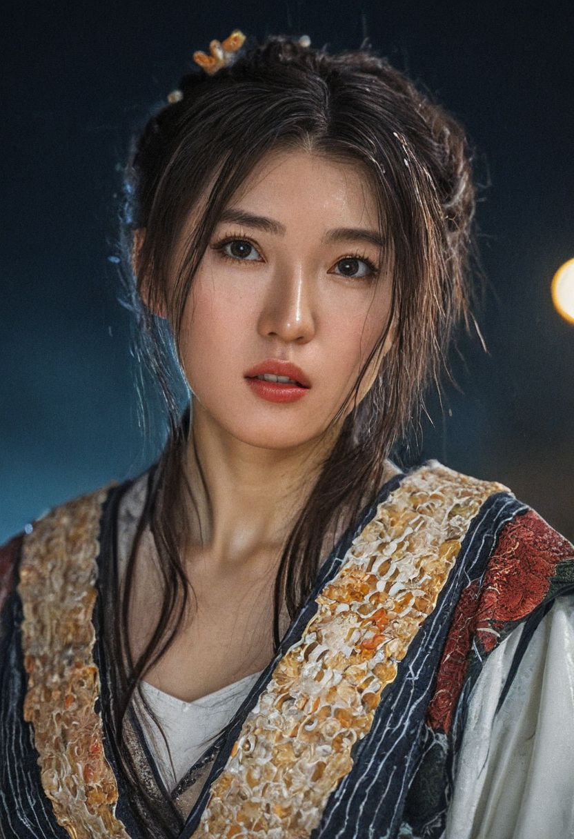 a beautiful portrait of a Angelicaa girl, with the chest cover by bandages, with some scars,  black hair, long hair, high ponytail, kimono, under the rain, torch lighting, outside, low dutch angle, from below, aggresive looking, scared, furious, bandages, rain, nightime, moonlight, moon, masterpiece, best quality, intricate, high quality, hyperdetailed, 16k, unity render, official art, highly detailed, absurdres,  incredibly absurdres, highres, high quality,  4k, 8k, masterpiece, best quality, portrait,  RAW photo, ultra high res, masterpiece, ultra-detailed, Unreal Engine ,camera low, camera close, absurdres, best quality, Graceful poise, evocative atmosphere, magnetic presence, refined seduction, captivating mystique, Intricate zentangle patterns, a single female figure, astonishing level of detail, generously endowed, portrait composition, striking perspective, a chaotic masterpiece, gracefully poised, inspired by brutalist architecture, vibrant color palette, undertones,
<lora:add-detail-xl:2> <lora:Double_Exposure:0.5>