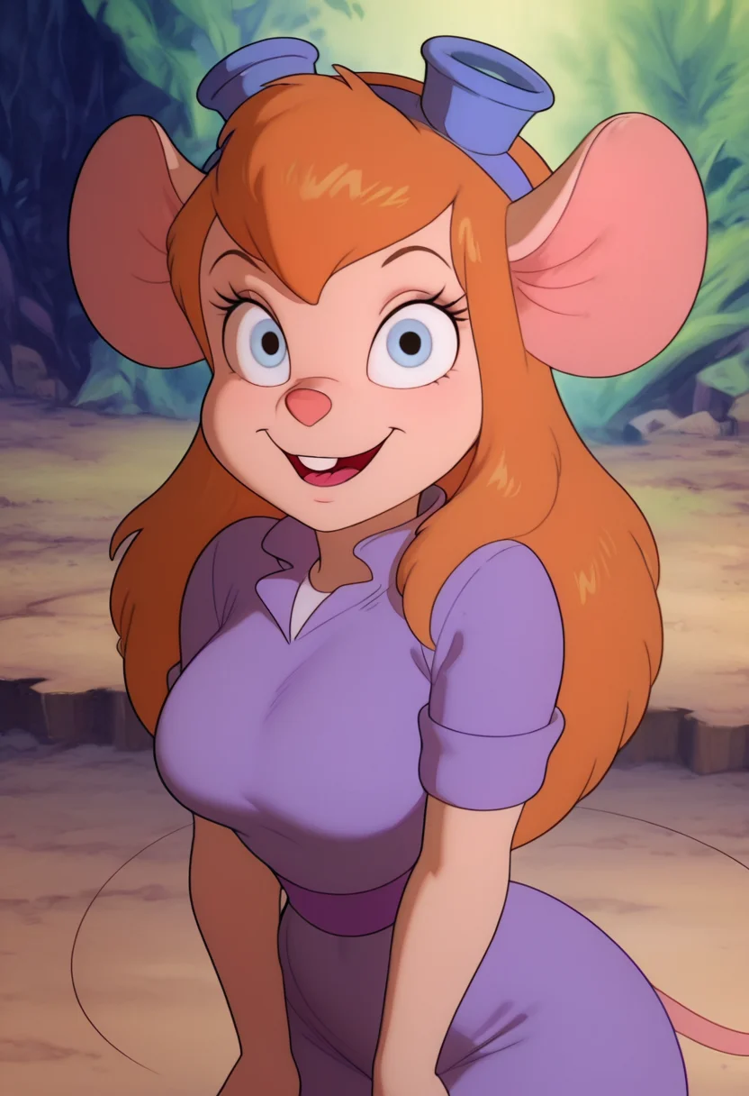 masterpiece, best quality, solo, curvy, beautiful eyes,   zzGadget, 1girl, solo, long hair, blue eyes, orange hair, furry, furry female, animal nose, mouse girl, buck teeth, animal ears, mouse ears, mouse tail, dress, bow,  short sleeves, hairband, purple dress,  blue hairband, purple hairband,   , <lora:ChipNDaleRescueRangers_IXL:1.0>, , smile, looking at viewer, cowboy shot,  <lora:IckpotIXL_v1:1.0>,