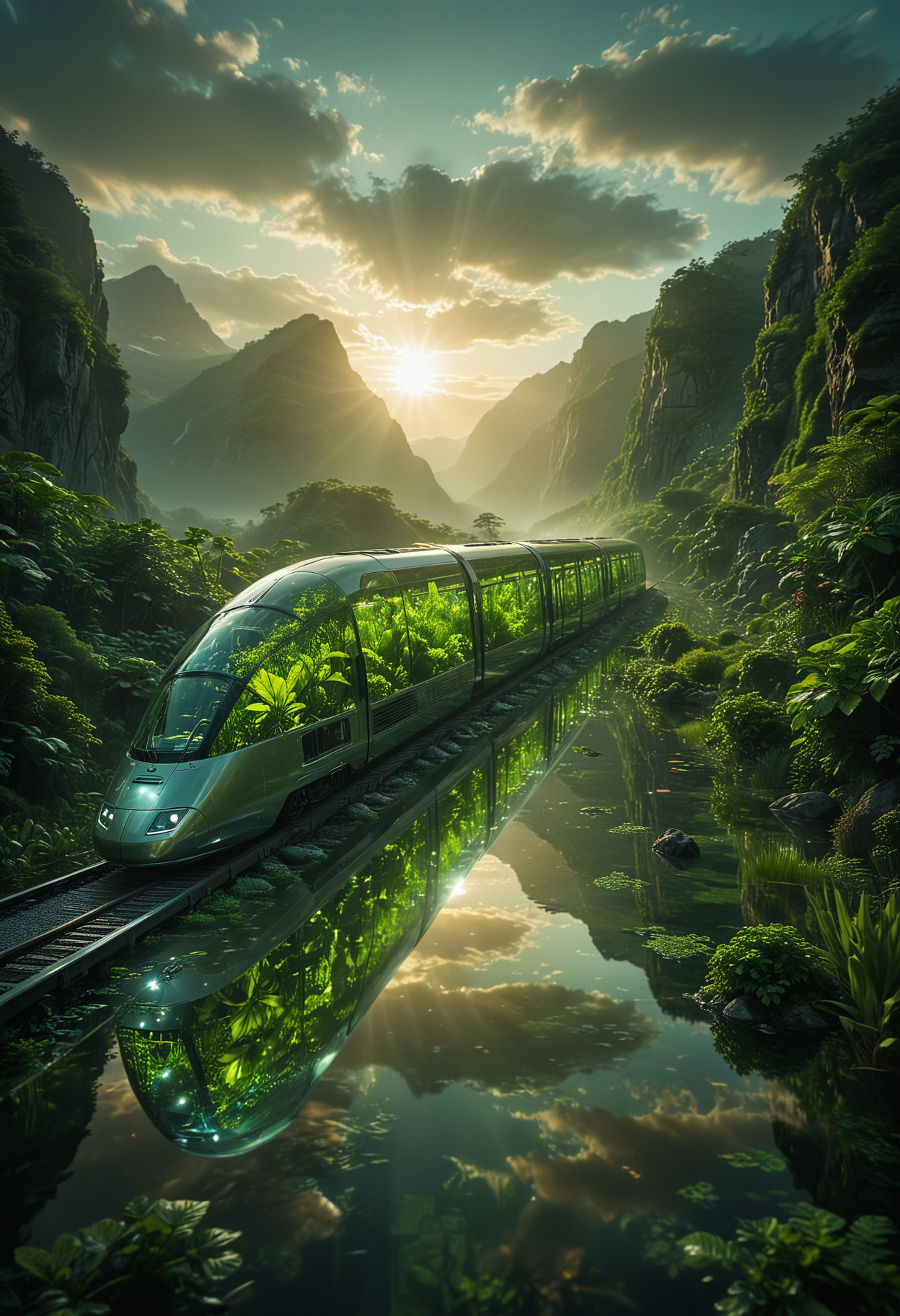 futuristic and cinematic scene, an advanced train with a sleek transparent glass exterior, traveling through a breathtaking landscape, with mountains on distant, the train's interior is filled with vibrant green plants, creating a miniature greenhouse effect, The surrounding environment is bathed in soft ethereal light filtering through gaps in the dense foliage, casting a glow on the reflective water below, the atmosphere is serene and otherworldly, combining elements of nature and futuristic technology, <lora:MJ52:0.3>, <lora:SDXLFaeTastic2400:0.3>, <lora:CinematicStyle_v1:0.8>, <lora:zavy-cntrst-sdxl:0.6>
