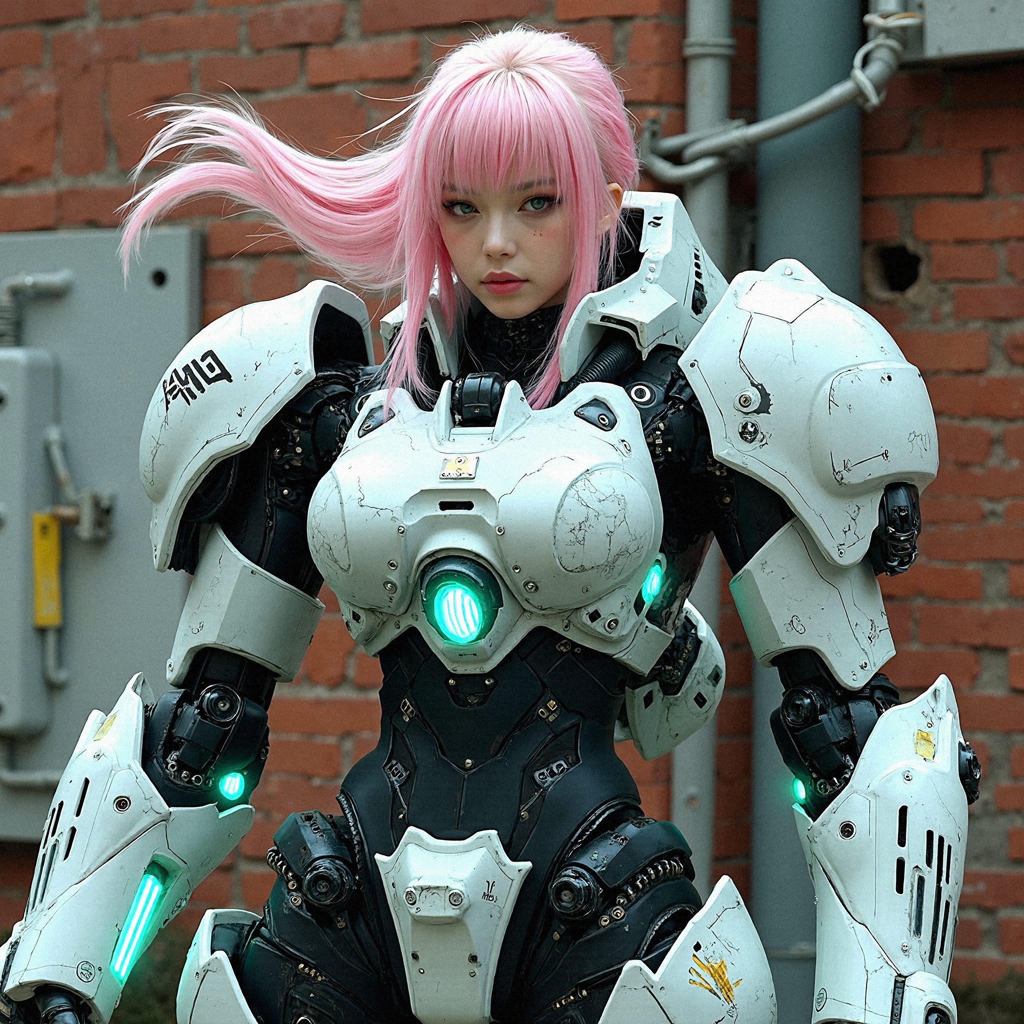 photorealistic portrayal of a female warrior encased in a heavily armored mech suit. Her suit is a blend of futuristic technology and combat-ready functionality, featuring an array of weapons systems integrated into the massive arm attachments that extend from her shoulders. The suit’s armor is primarily white, with black and gray accents that add depth and dimension, while bright neon teal lights highlight various functional parts. These glowing teal lights can be seen on the chest, arms, and legs, giving the suit an otherworldly, cybernetic appearance. The armor is meticulously detailed with visible screws, hydraulic systems, and joint mechanisms, which suggest enhanced strength and agility. Her face, framed by soft, pink hair, is calm and determined, contrasting with the industrial and formidable design of her suit. The background is  brick wall with a small hole on the center, a utility pole with attached electrical panel right behind her,   allowing the intricate details of the suit to stand out, showcasing the character as a powerful blend of human and machine.

With one arm resting on her hip, the other extended behind her, her pink hair flowing over her shoulder.
