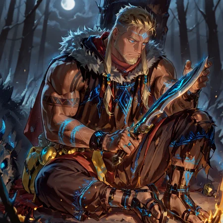 <lora:Lucian__Alchemist_Code-000004:.75>, tagatamelucian, 1boy, blonde hair, short hair with long locks, hair beads, blue eyes, tanned skin, solo, male focus, manly, mature male, sleeveless hoodie, pants, scarf, fur trim, tattoo, glowing, holding dagger, sandals, torn clothes,
(very short hair, beard, bara, mature, facial hair, stubble, beard, full beard, sideburn, beard, a lot of beard, ), facial hair,male focus, muscular male, muscular male, bara, mature,  bara, mature, aixiwuganda_(20222192), very awa, masterpiece, best quality, absurdres, newest, perfect quality, detailed background, intricate details,
<lora:slider_Body Type_alpha1.0_rank4_noxattn_last:3><lora:Anime Summer Days 2 Style SDXL_LoRA_Pony Diffusion V6 XL:.6><lora:slider_cfg_scale_boost:.7><lora:Artist6p:.55>, Artist6p, Artist04p,<lora:slider_il_brightness_slider_d1:-1><lora:slider_il_contrast_slider_d1:-1><lora:slider_DarkSlider1.2_alpha1.0_rank16_full_300steps:-.6>