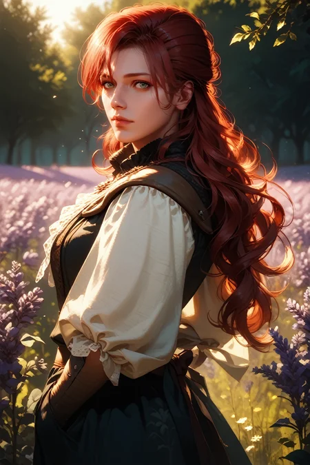score_9, score_8_up, score_7_up, score_6_up
<lora:ACUElise:0.9>
ACUElise, 1girl, red hair, long hair, green eyes, looking at viewer, standing in a field of lavender, hands in pockets, slight breeze blowing hair, warm golden hour sunlight, serene and peaceful mood