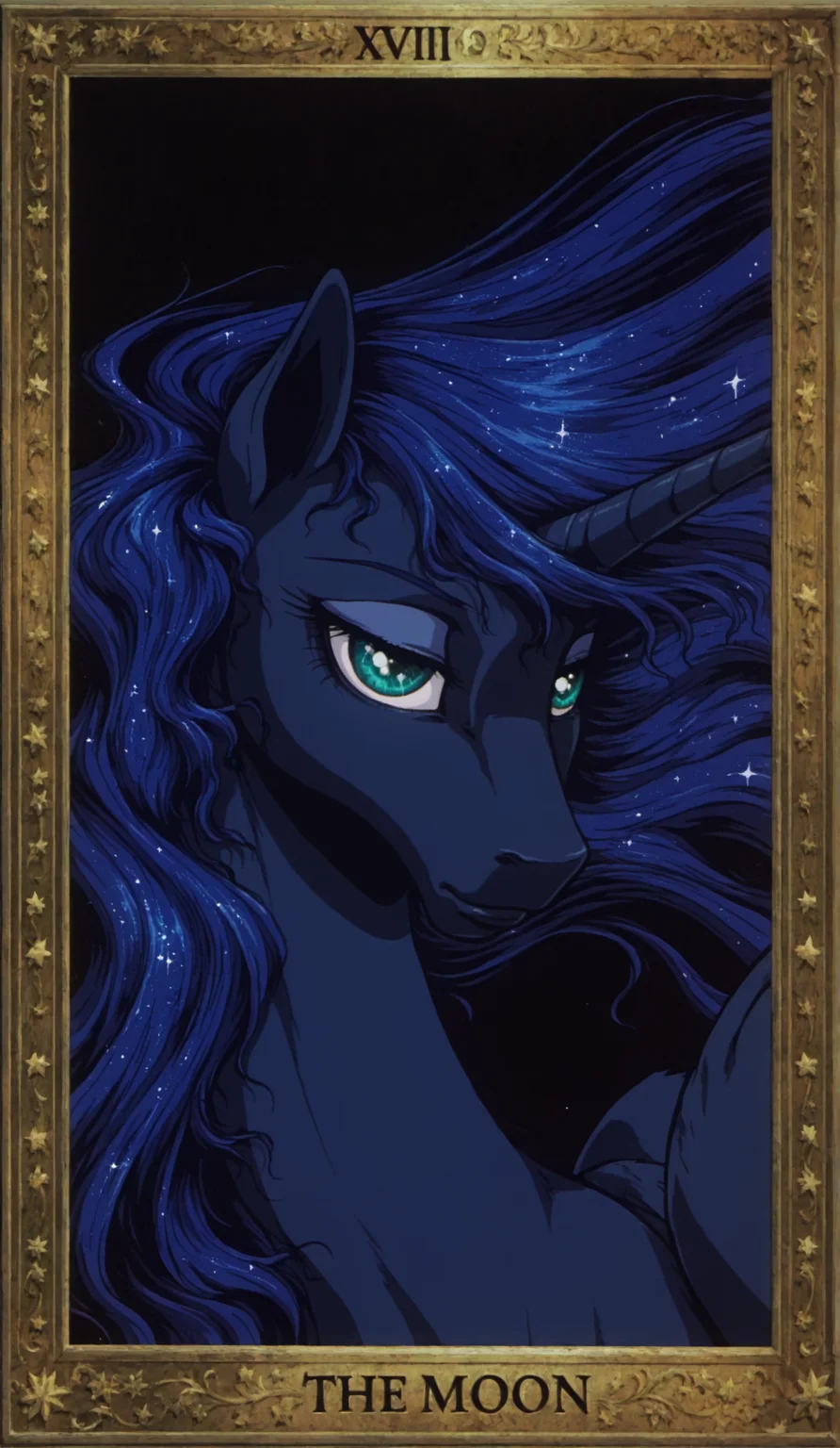 masterpiece, my little pony, friendship is magic, solo, ((feral)), princess luna \(mlp\), winged unicorn, portrait, beautiful eyes, starry eyes, black background, starry hair, flowing hair, starry background, tarot, tarot card, XVIII,