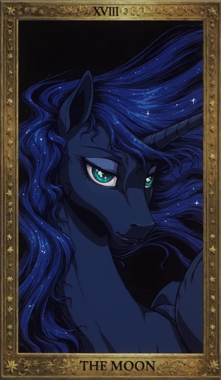 masterpiece, my little pony, friendship is magic, solo, ((feral)), princess luna \(mlp\), winged unicorn, portrait, beautiful eyes, starry eyes, black background, starry hair, flowing hair, starry background, tarot, tarot card, XVIII,