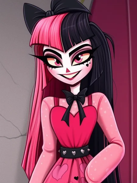 1 girl, 1 person, solo, <lora:HelHazbinV2:1> hellhazbin , <lora:Draculora:1> draculaura, streaked hair, pink hair, black hair, two-tone hair, pink eyes,