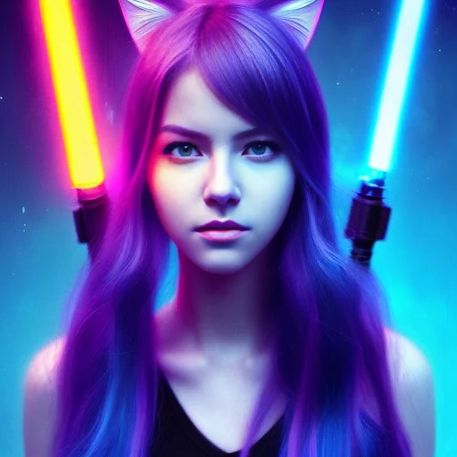 Digital art by Jim Lee, WLOP style, extremely attractive female, holding a lightsaber, sci fi style, looking at the camera, perfect face, perfect eyes,,snthwve style, lisdusk2, nvinkpunk, kairowez