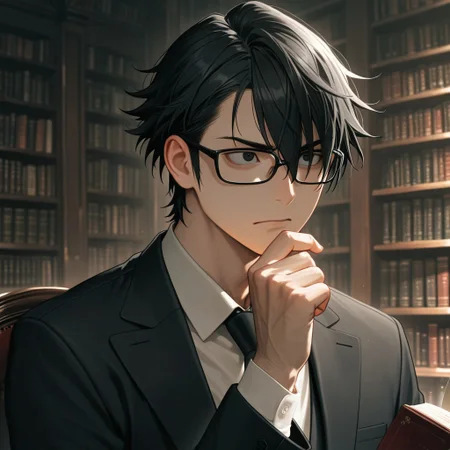 masterpiece, best quality, amazing quality, absurdres, newest, detailed background, definition so sharp, Ultra-HD, 8K cinematic, very awa, impressionate, amazing quality, highres,
solo, male focus, manly,
saruhikofushimi, saruhiko_black hair, saruhiko_black eyes, 1boy, short hair, glasses, looking at something off-screen, intrigued expression, hand on chin, suit, dim lighting, library, books, serious, intelligent, cool, charming