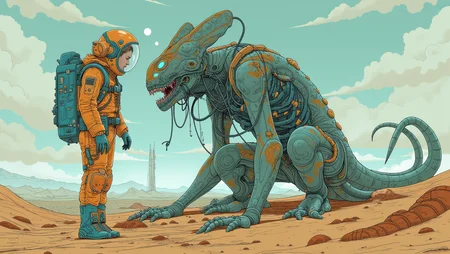 A human astronaut, stranded on a distant planet, stands as an alien symbiote begins to envelop them. The symbiote is a fluid, iridescent substance, merging with the astronautâs suit and skin, transforming them into a hybrid being. The astronautâs expression is a mix of fear and awe as they feel the power and connection growing. The background shows the barren, alien landscape with distant, towering structures.
<lora:Blue_Future:1>