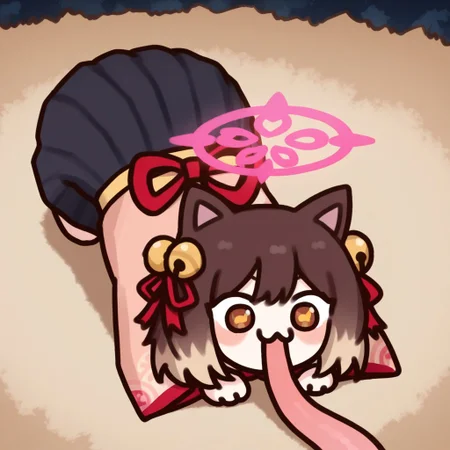 Ichihime, 1girl, solo, cat girl, multicolored hair, gradient hair, brown eyes, red eyes, animal ears, cat ears, hair bell, hair ribbon, tail, chibi, halo, parody, on stomach, mismatched pupils, all fours, very long tongue, :3
(masterpiece, amazing quality, absurdres, highres, newest, very awa:1.2)